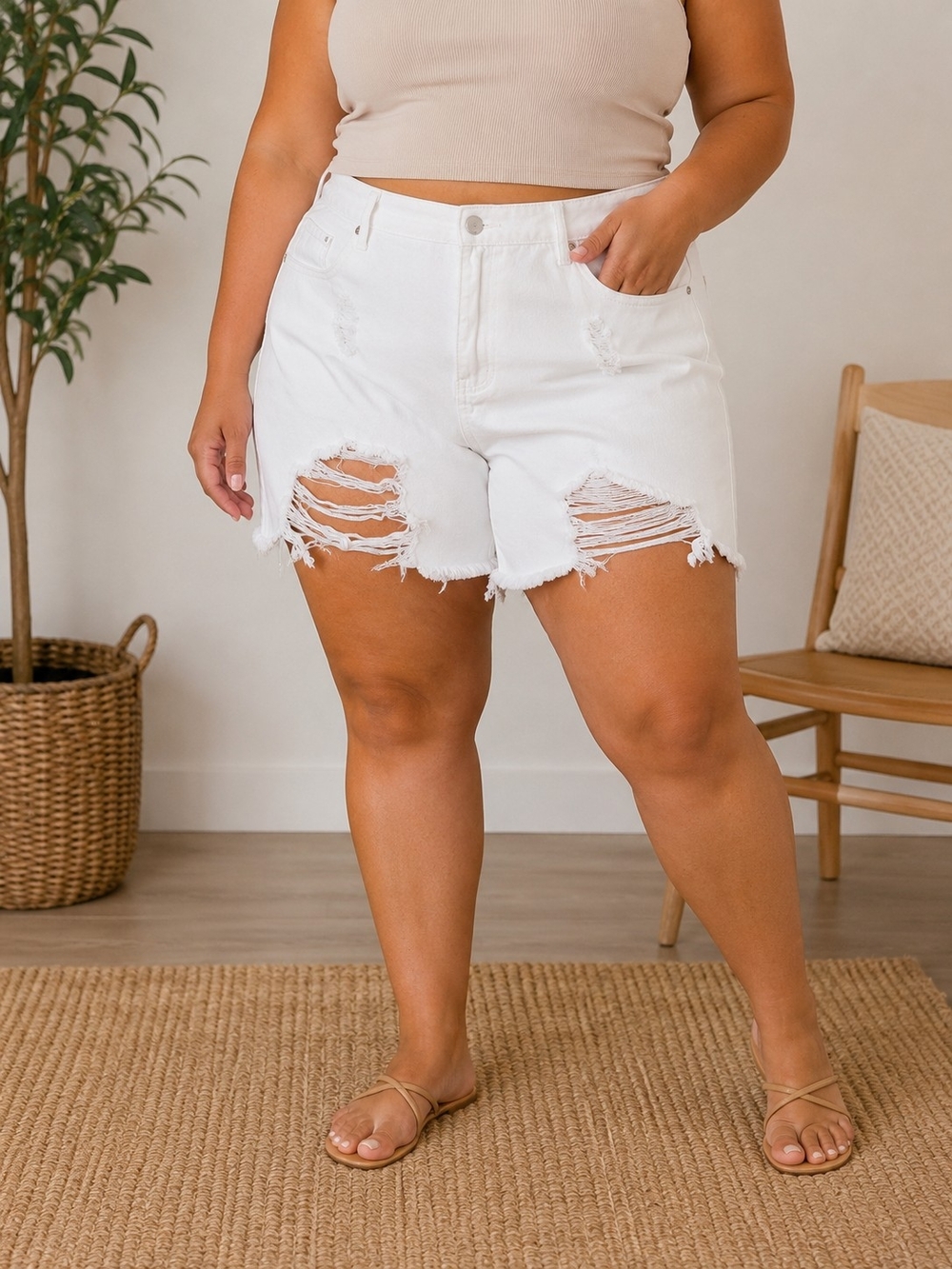 Plus Size Distressed White Denim Shorts
